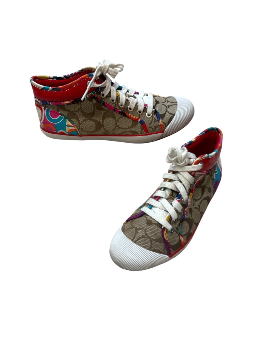 Coach Zoe Signature Canvas Red Patent Leather Trim Lace Up Low Sneakers Size 9